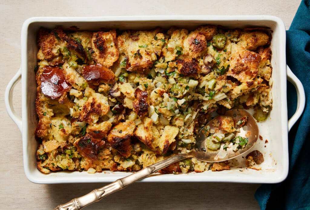 serving dish full of stuffing 